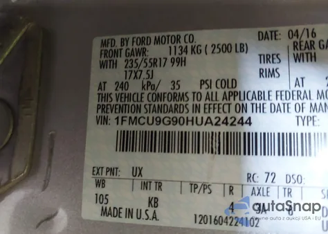 2017 Ford Escape Se из США, поврежденный, VIN 1FMCU9G90HUA24244